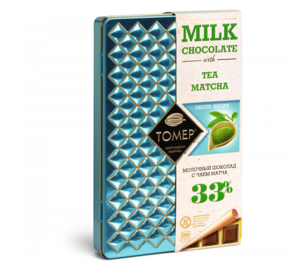 №1 Фабрика Томер металлический бокс Молочный шоколад с чаем МАТЧА ,33%  90г в Вичуге